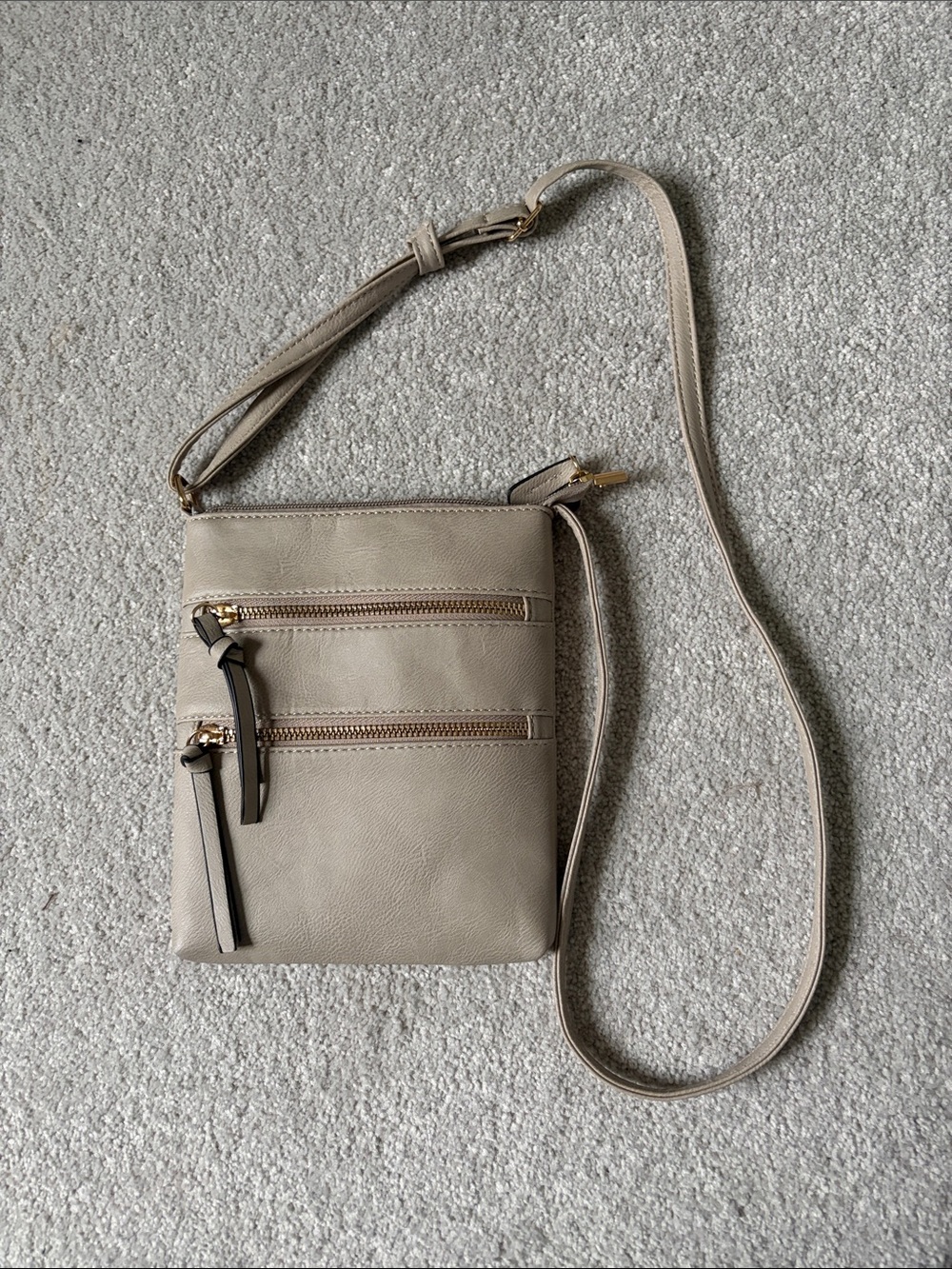 Light Gray Faux Leather Triple Zip Crossbody Bag – Striped Lining